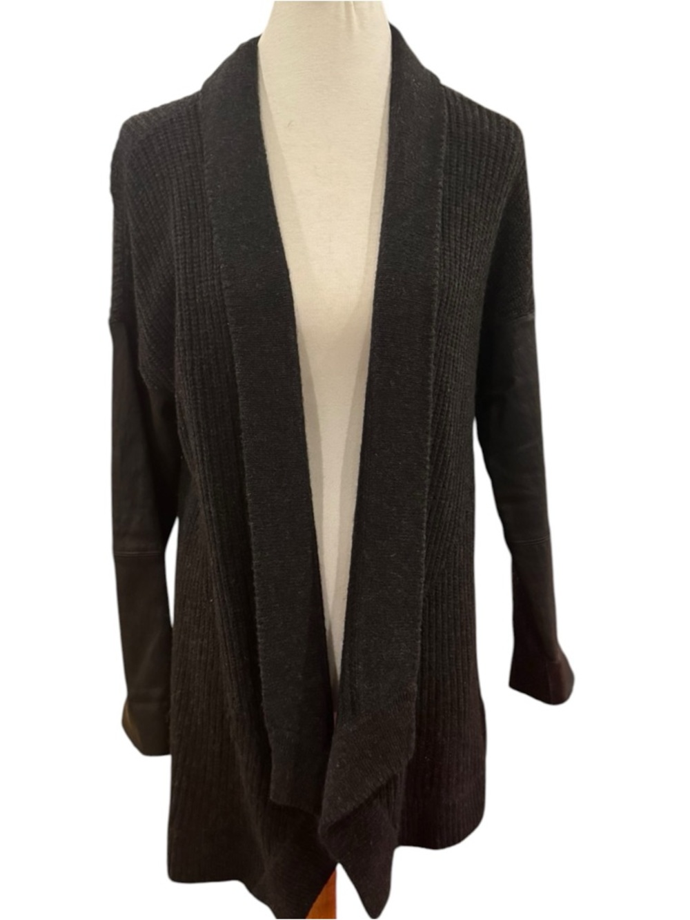 Eileen Fisher Black Open-Front Ribbed Shawl Cardigan merino wool blend Sz M